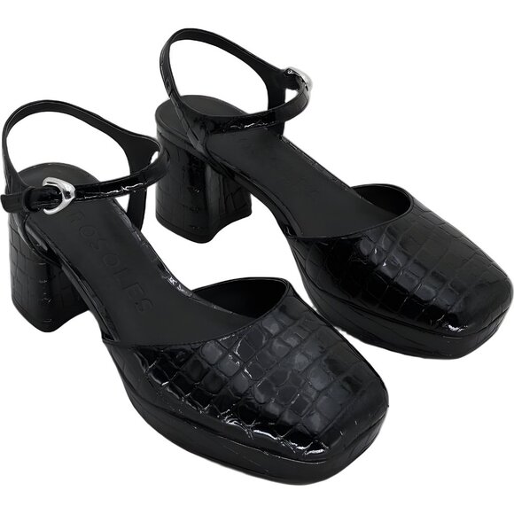 Aerosoles Soir Ankle Strap Block Heel Croc-Embossed Pumps Black US 9.5M - Picture 4 of 6